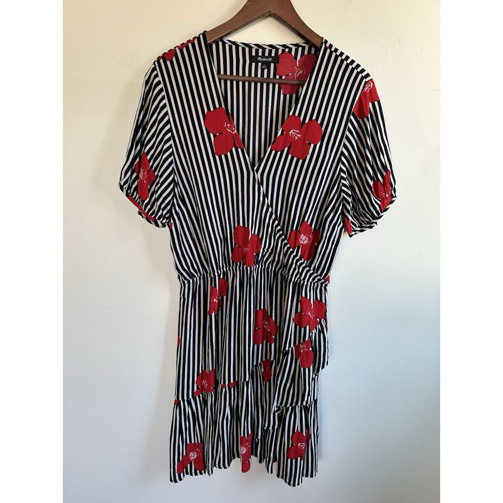▶️ Madewell Ruffle Wrap Dress Womens 12 Black White Floral Mini Short Sleeve